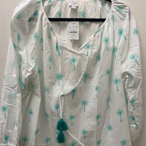 J. CREW  blouse white w/ green palm tree size L NWT